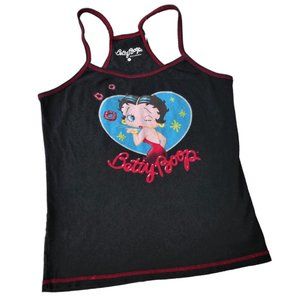 Betty Boop Kiss Black Cami Tank Top Spaghetti Straps Racer Back Red Topstitching